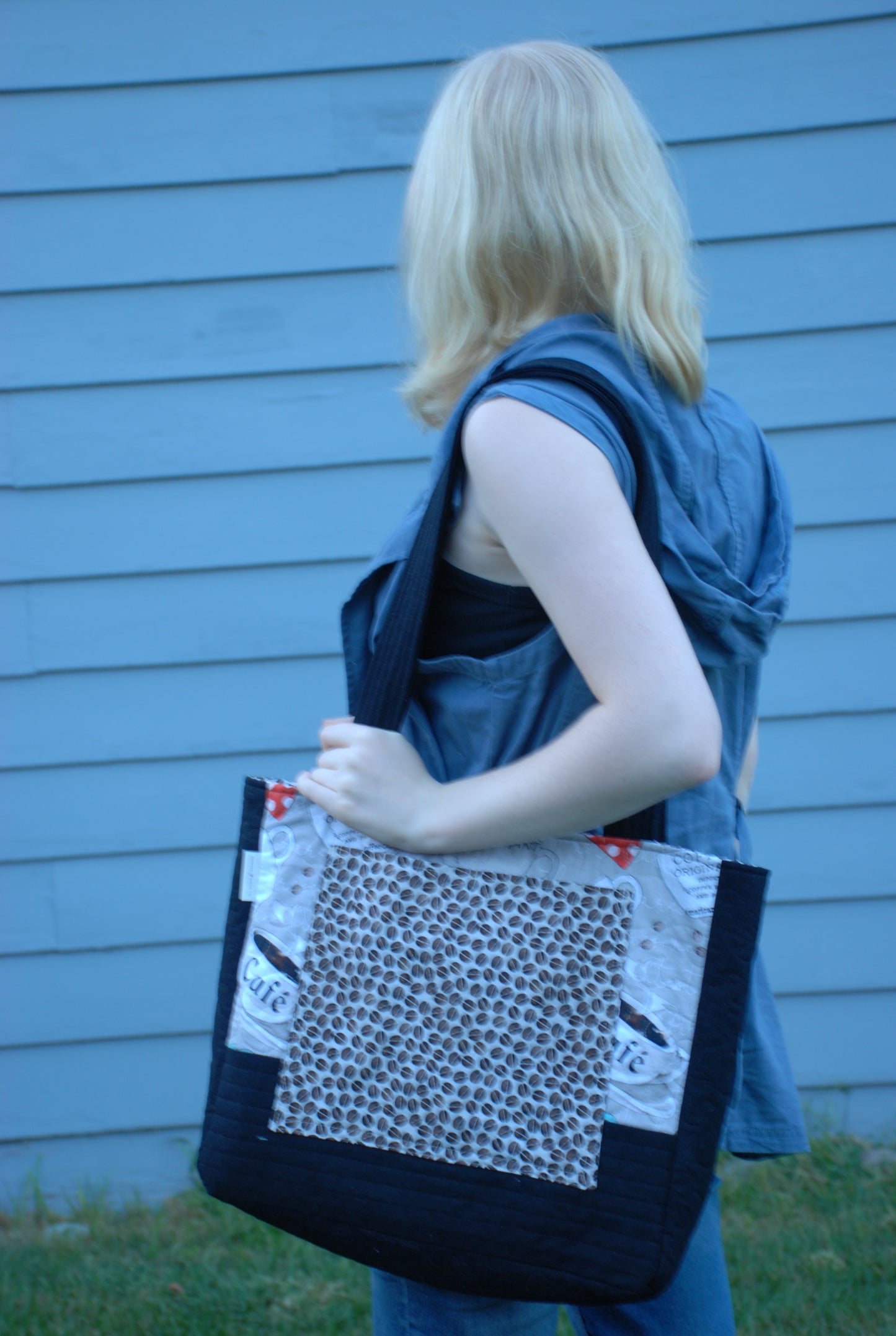 Coffee Cup and Black Canvas Quilted Tote Bag