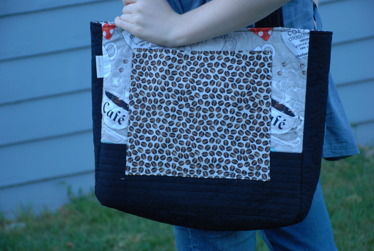 Coffee Cup and Black Canvas Quilted Tote Bag