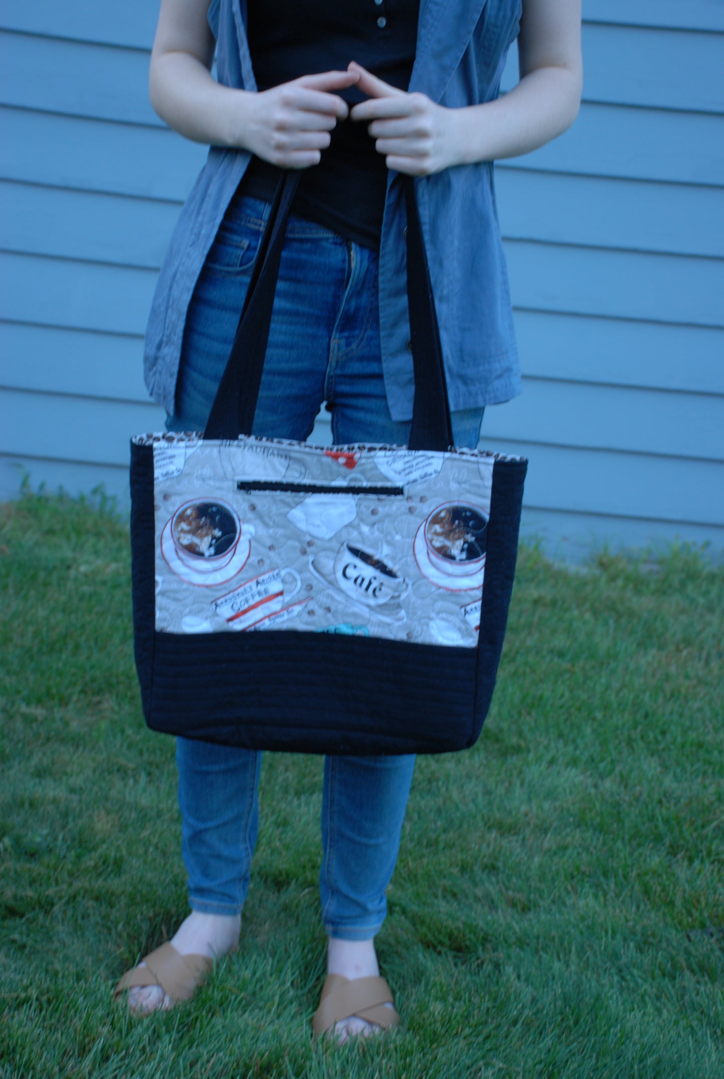 Coffee Cup and Black Canvas Quilted Tote Bag