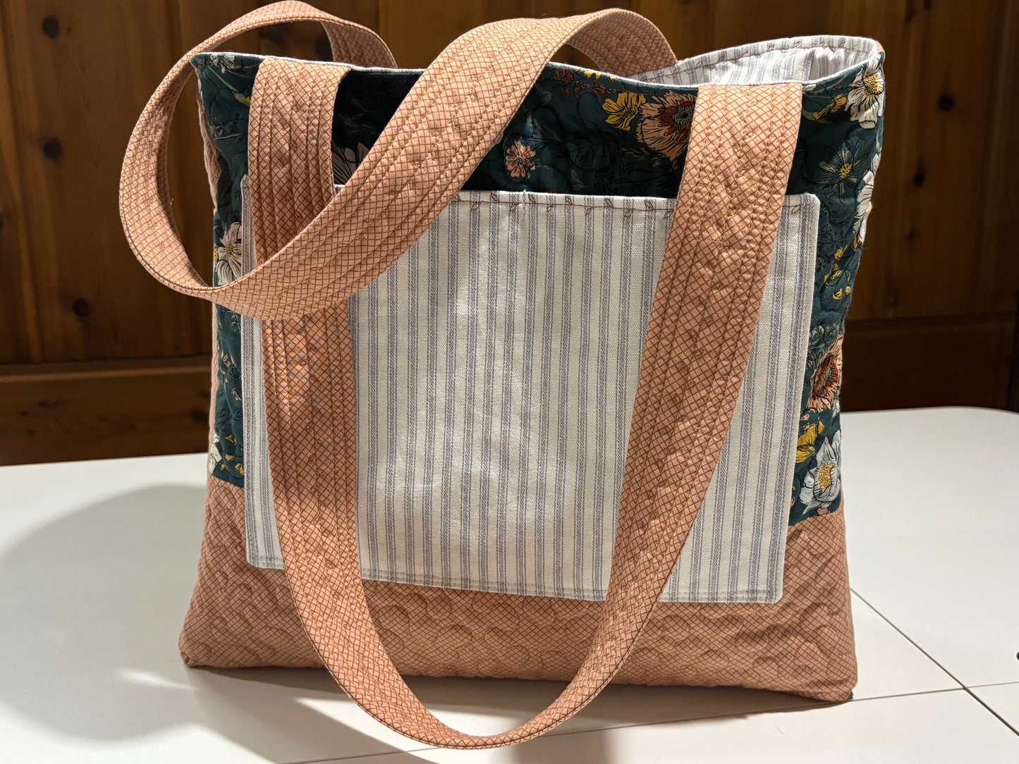 Woodland and Wildflower Teal and Coral Quilted Tote Bag