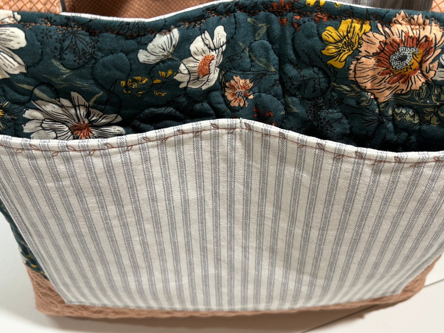 Woodland and Wildflower Teal and Coral Quilted Tote Bag
